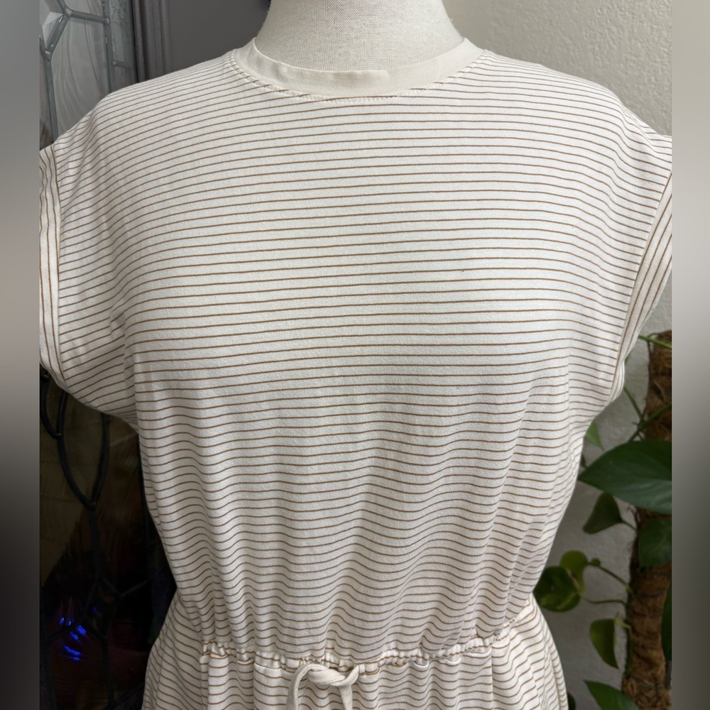 A New Day Cream Tan Striped Short Sleeve Extended Shoulder A-Line Dress Size L - Picture 3 of 8